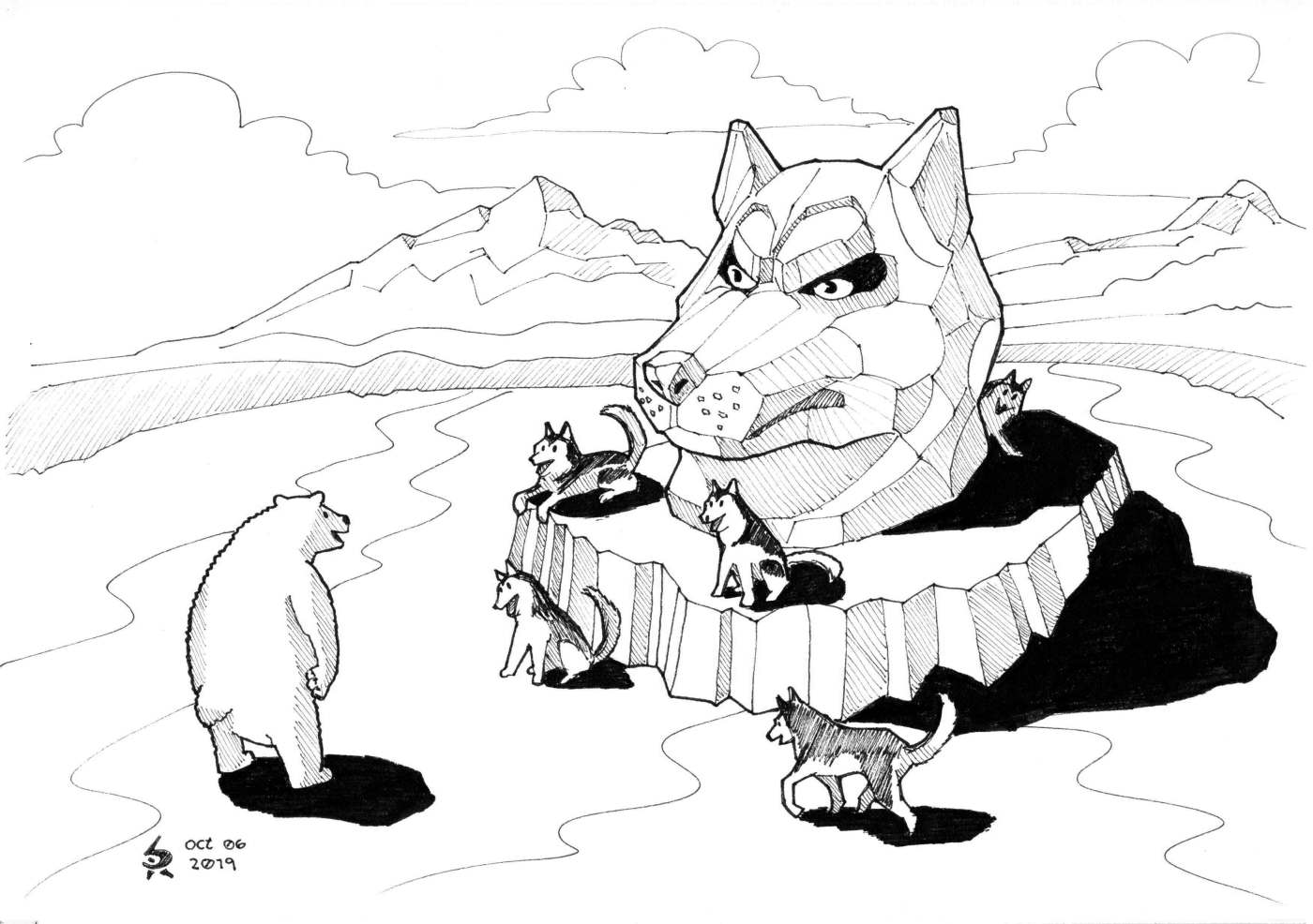 polar bear watches husky dogs