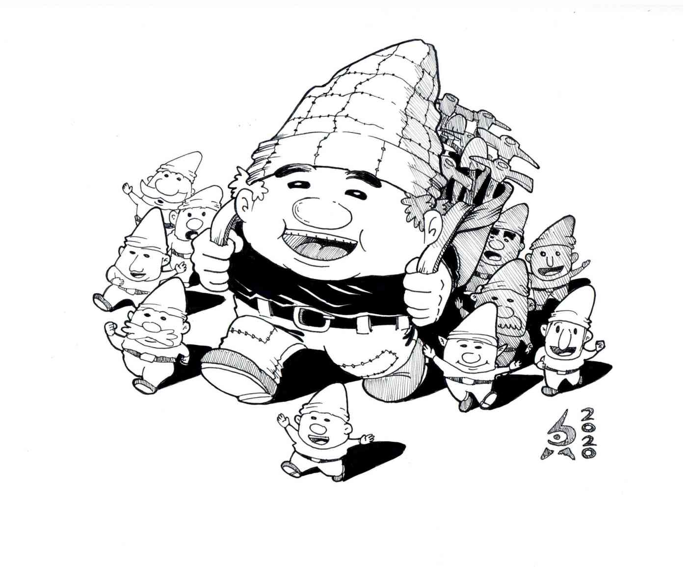 Garden gnomes walking with bulky folk