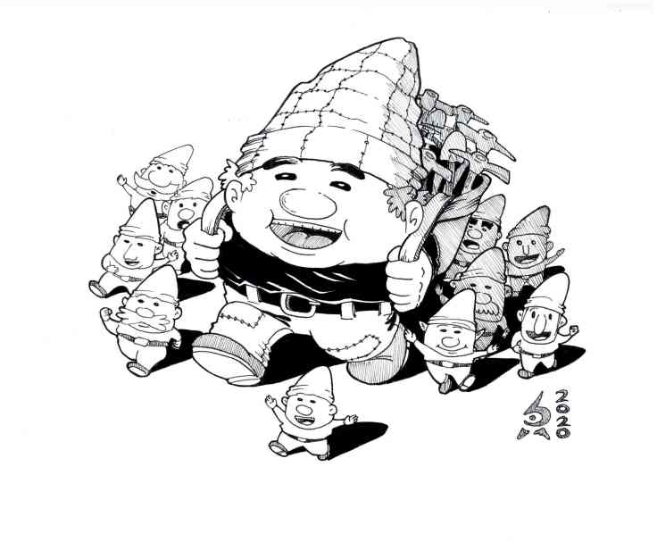 Garden gnomes walking with bulky folk