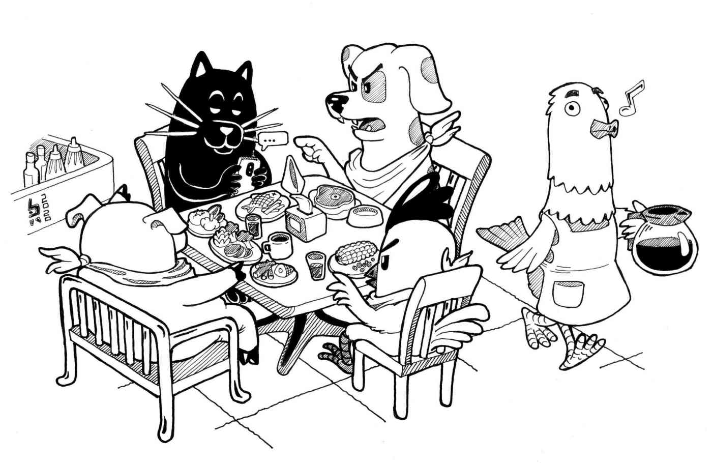 Animals having dinner together