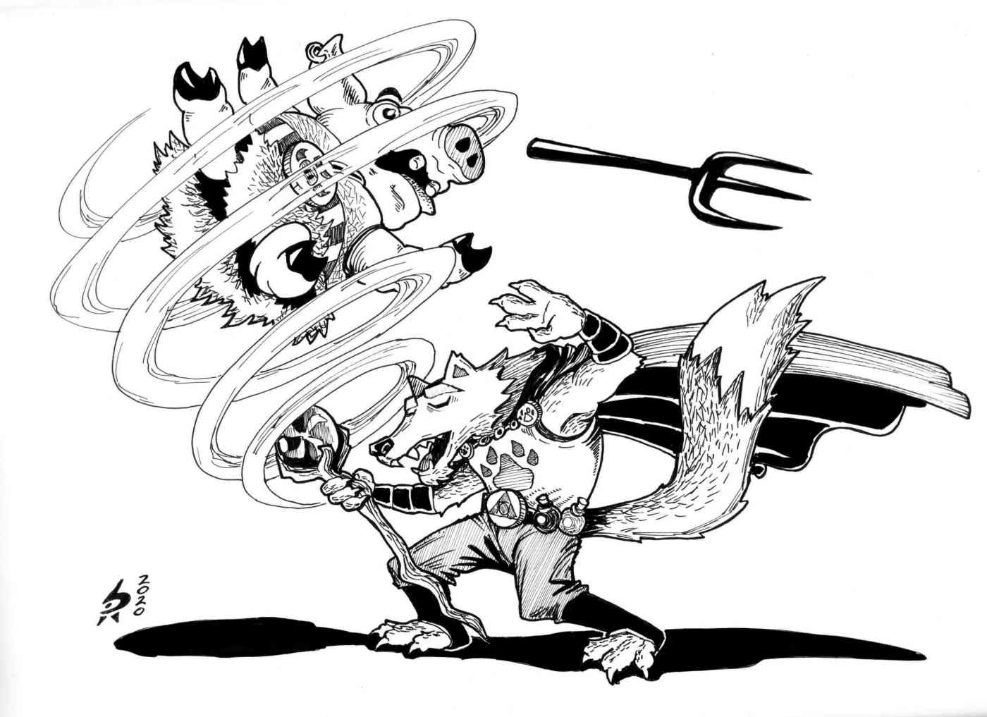 Wolf mage fights evil pig