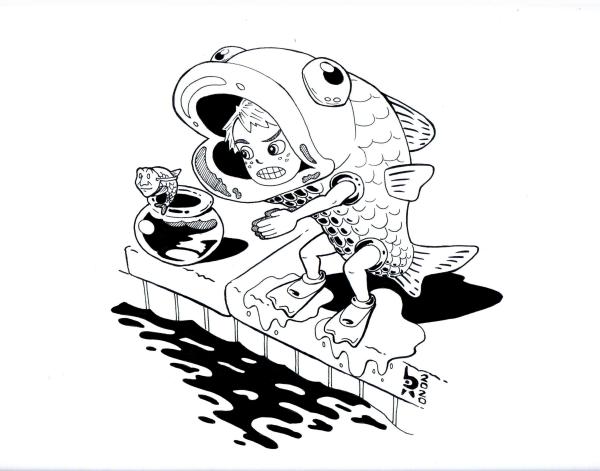 Poolrace between kid and fish