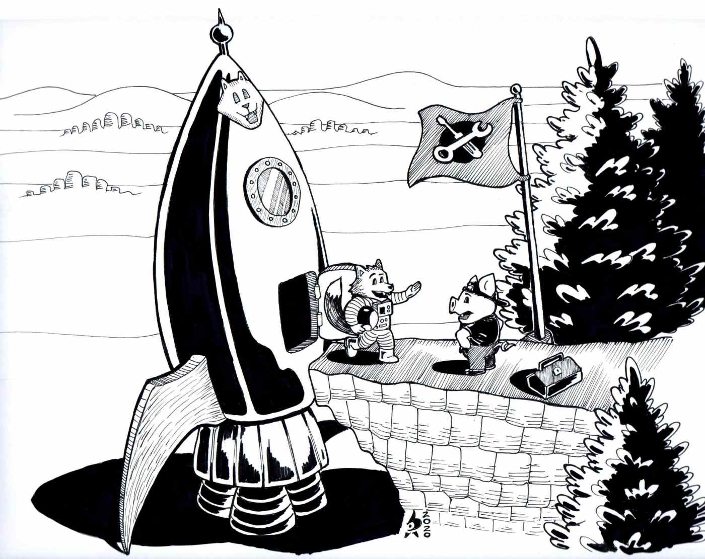 Wolf gets off his rocket for a repair