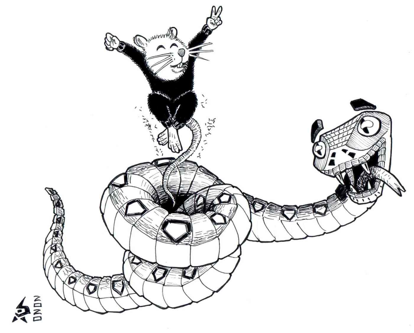 Slipery mouse freeing from snake