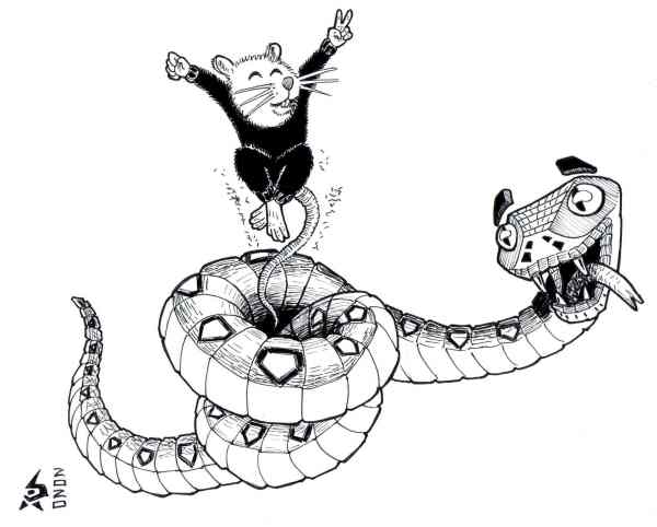 Slipery mouse freeing from snake