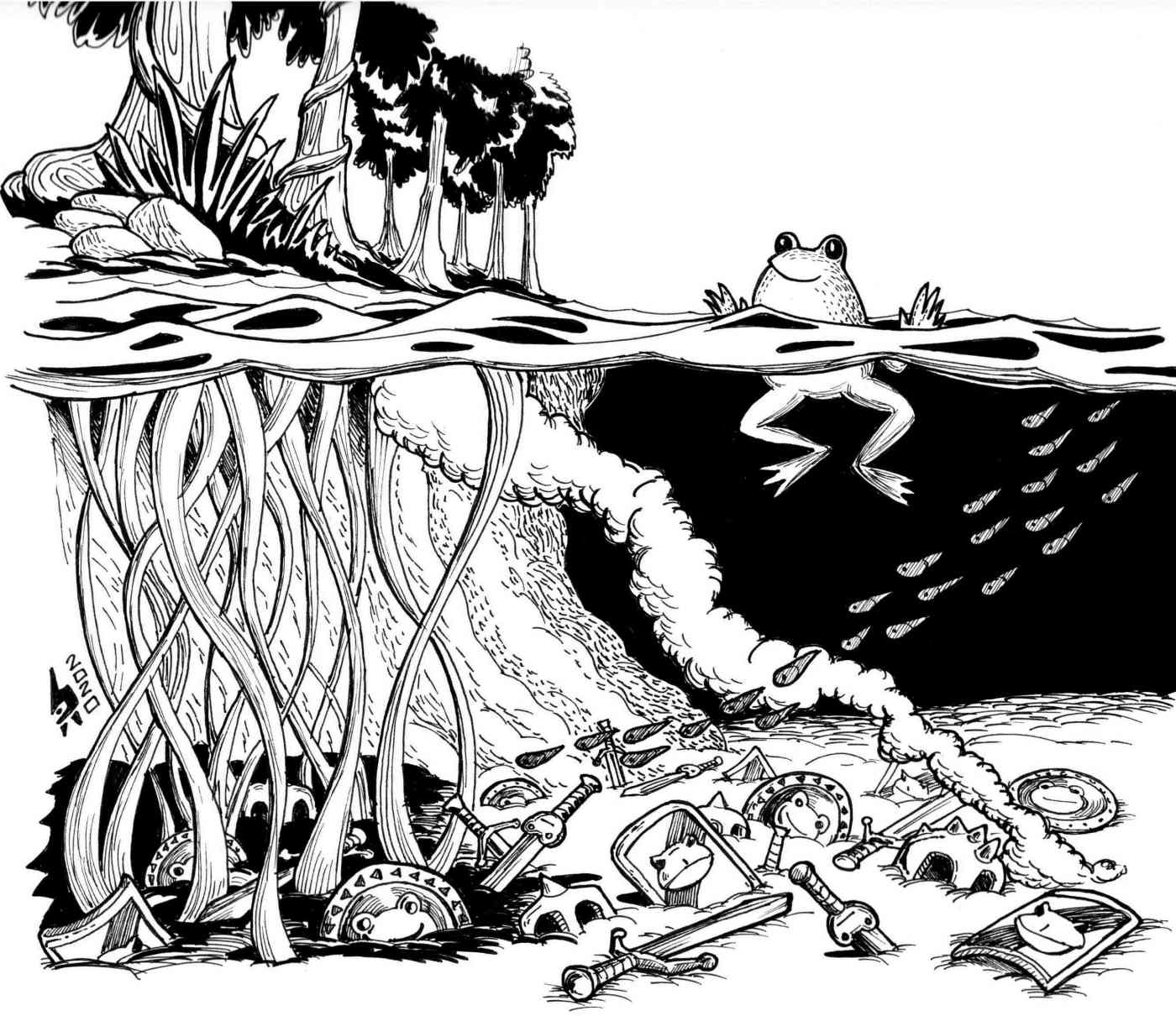 A frog floats over a swamp