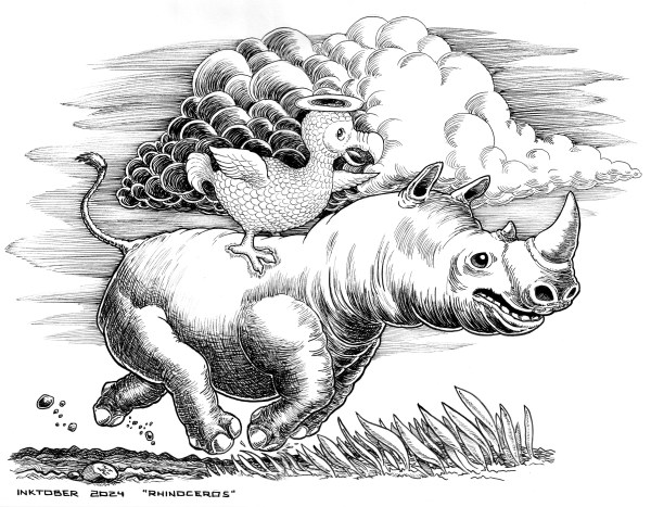A rhinoceros, running on a field while the spirit of a dodo bird mounts the rhino.