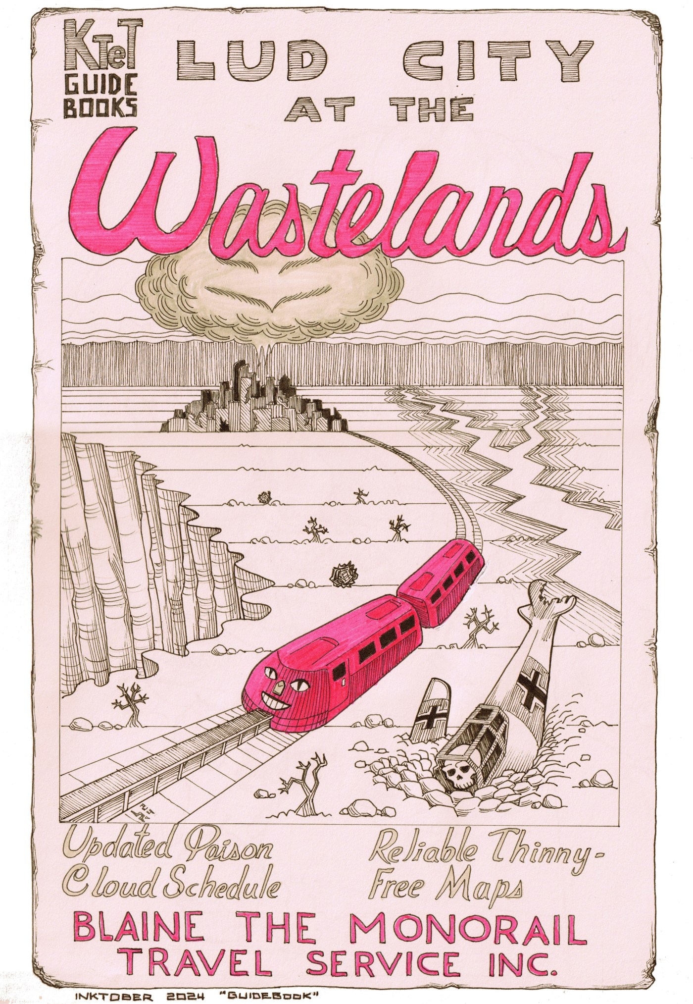 Illustration of an hypothetical old travel guidebook to the Fictional City of Lud, in the Wastelands.
