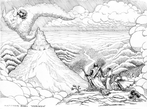Three characters stand backwards in the foreground, on top of a summit, looking to a fortress in a mountain on the horizon