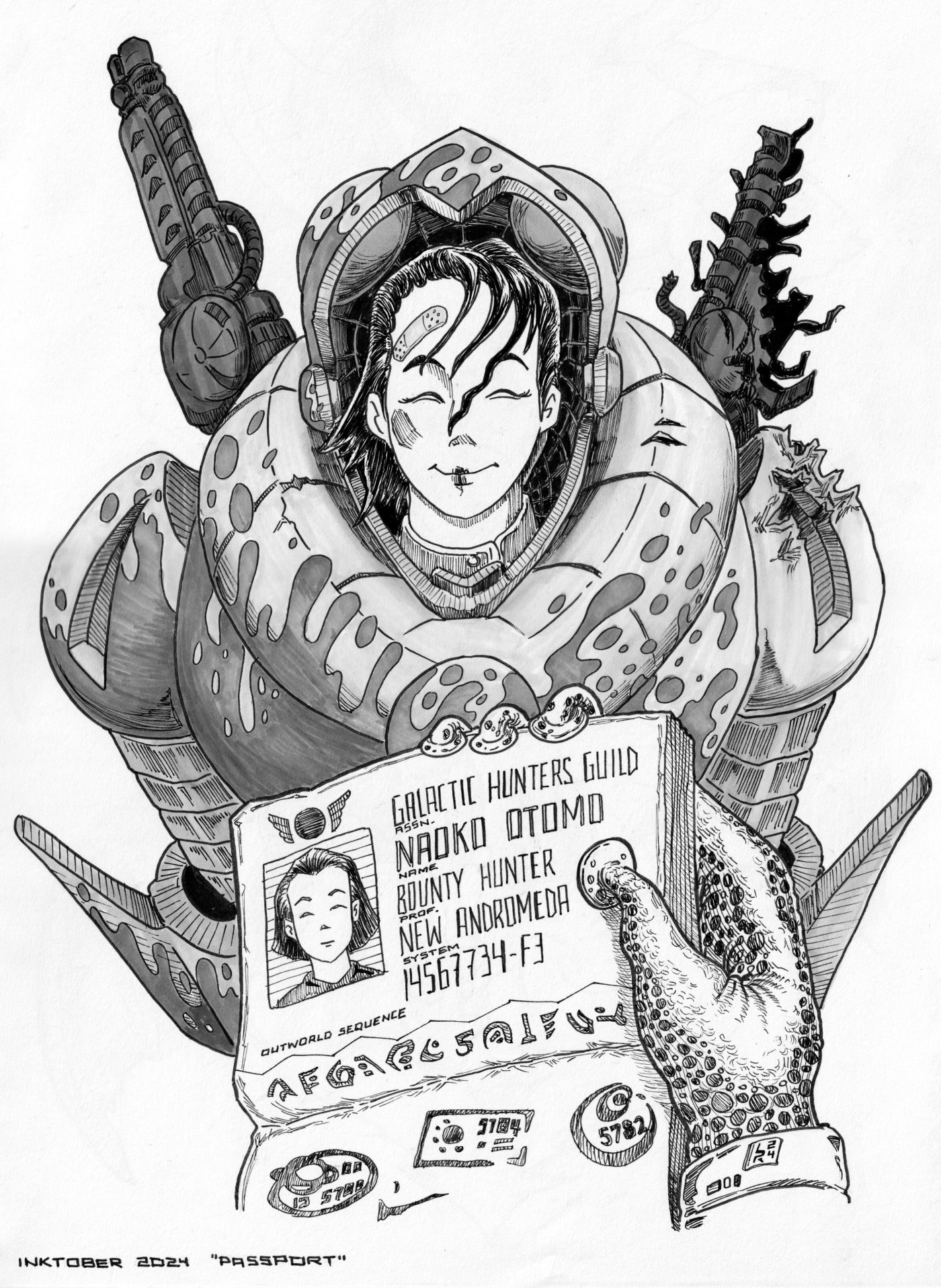 Bounty hunter woman, wearing a robotic space suit, damaged from a battle. An alien is checking her passport.