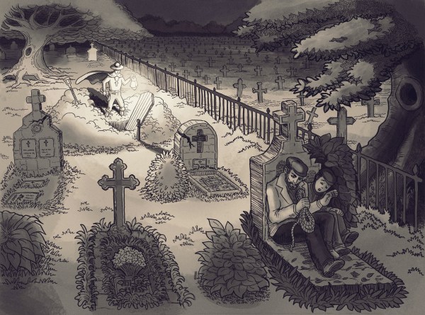 A fathe and a son hide behind a tomb, while a man is profaning a tomb in the graveyard.