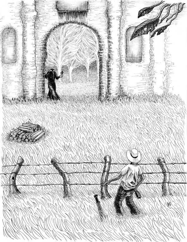 The Headless Priest emerges from the ruins of an old church and walks towards a drunk peasant who wanders alone in the country.