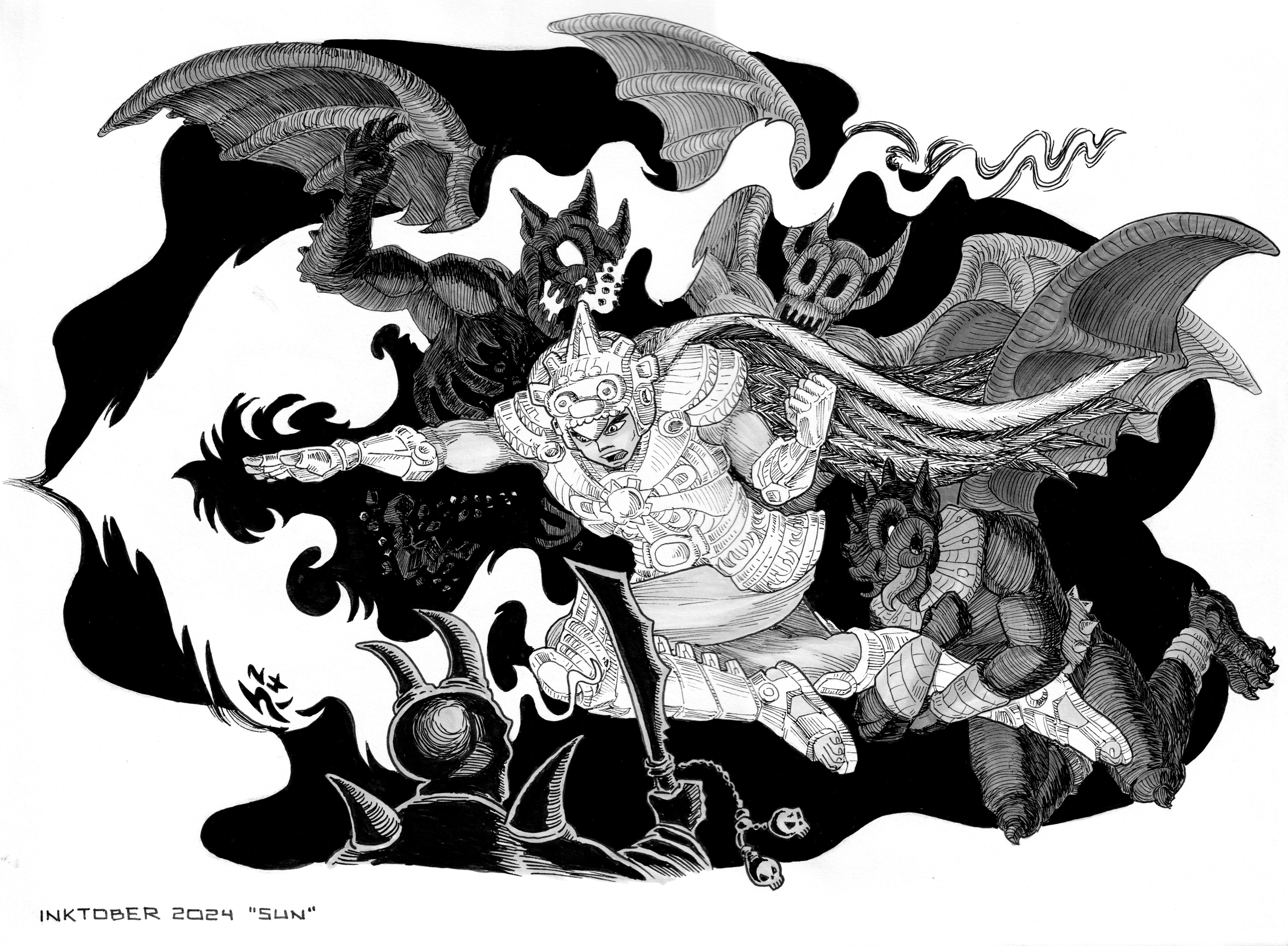 The golden warrior of the Sun god Tonatiuh, incinerates dark winged enemies before him.