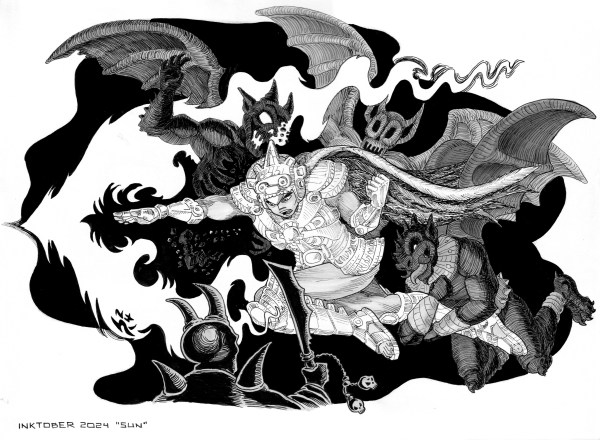 The golden warrior of the Sun god Tonatiuh, incinerates dark winged enemies before him.