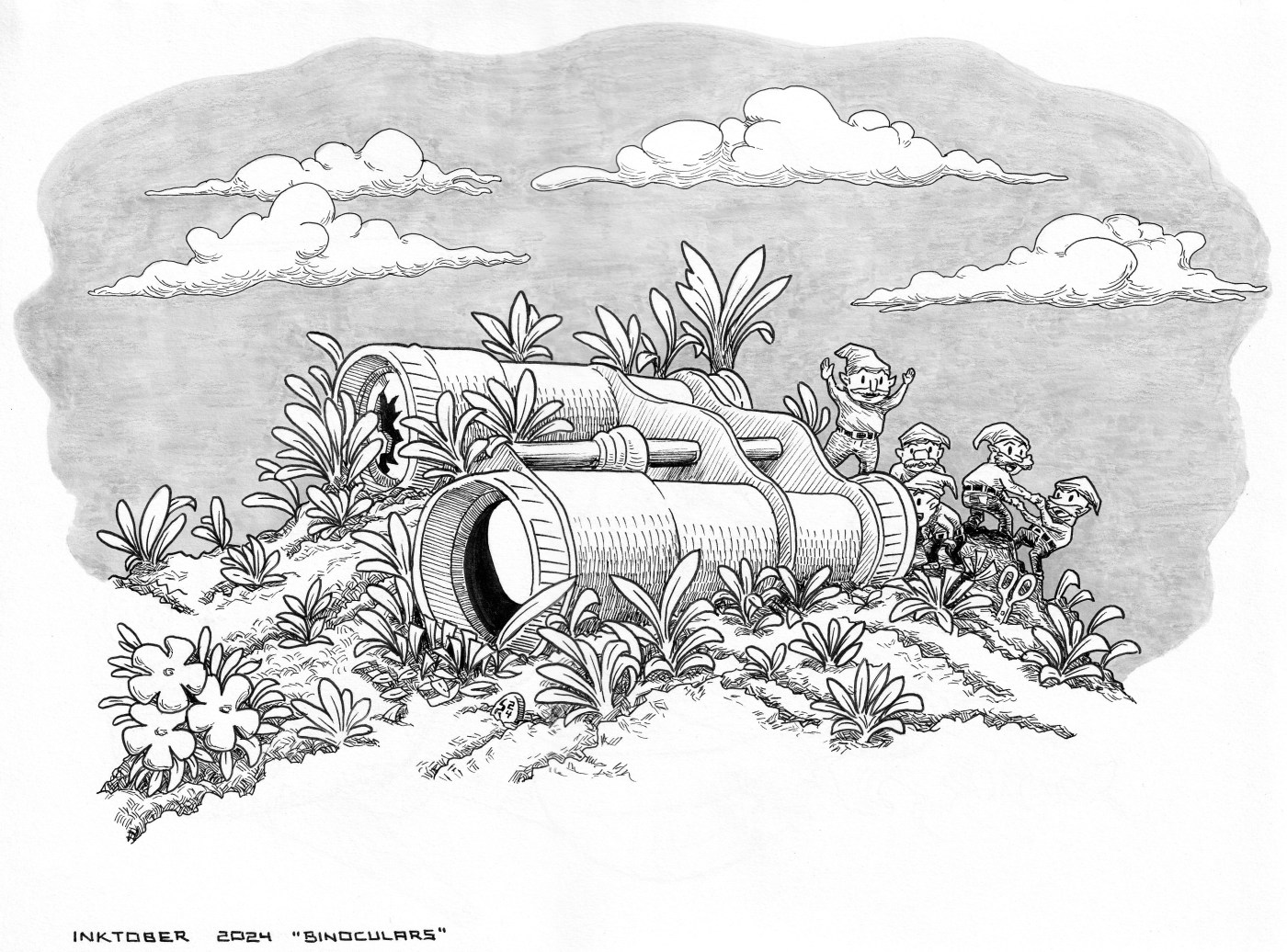 Tiny garden gnomes playing with an abandoned decayed binoculars in a hill.