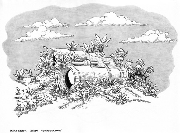 Tiny garden gnomes playing with an abandoned decayed binoculars in a hill.