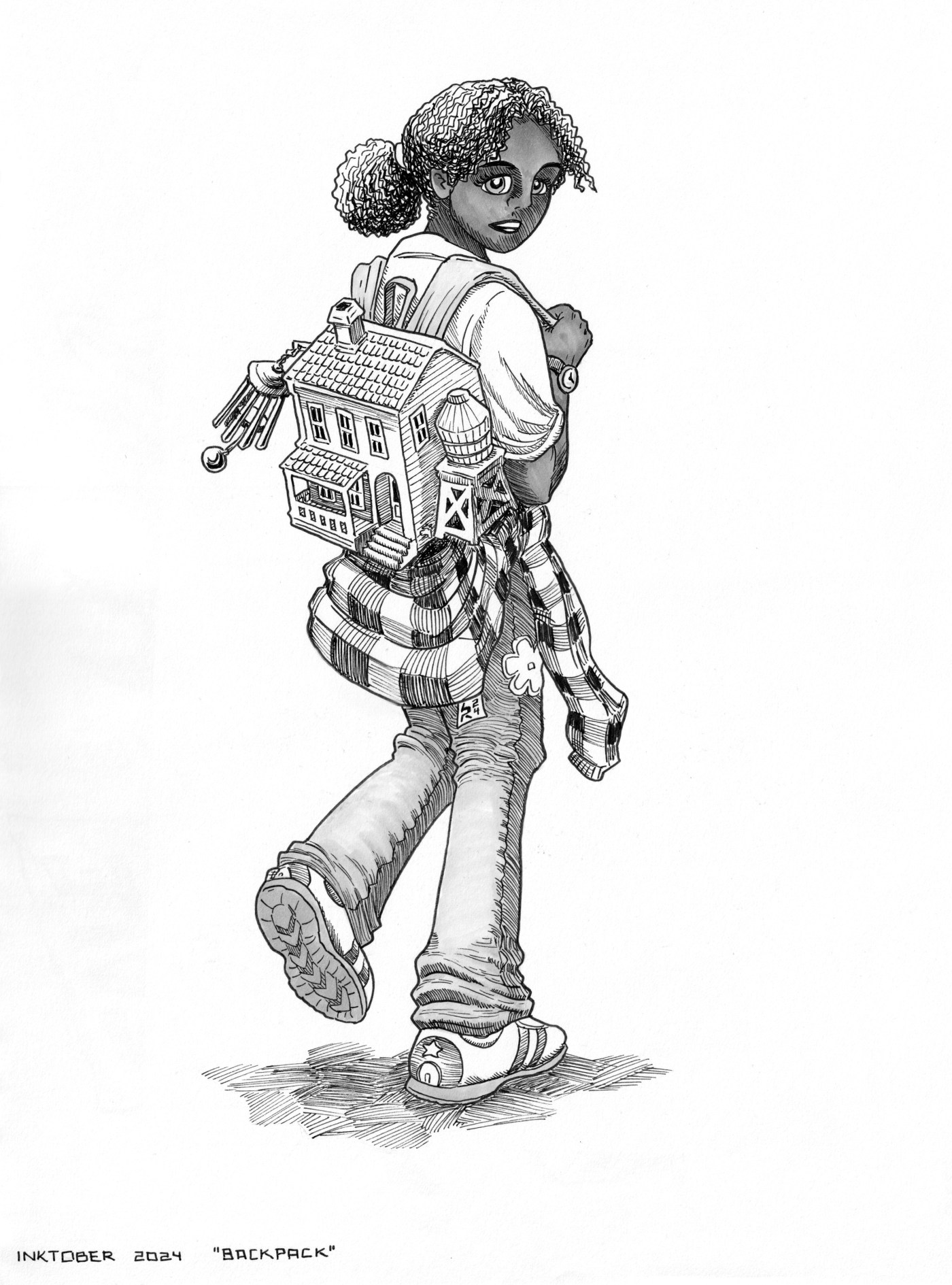 Teenage girl, walking with a house-shaped backpack.