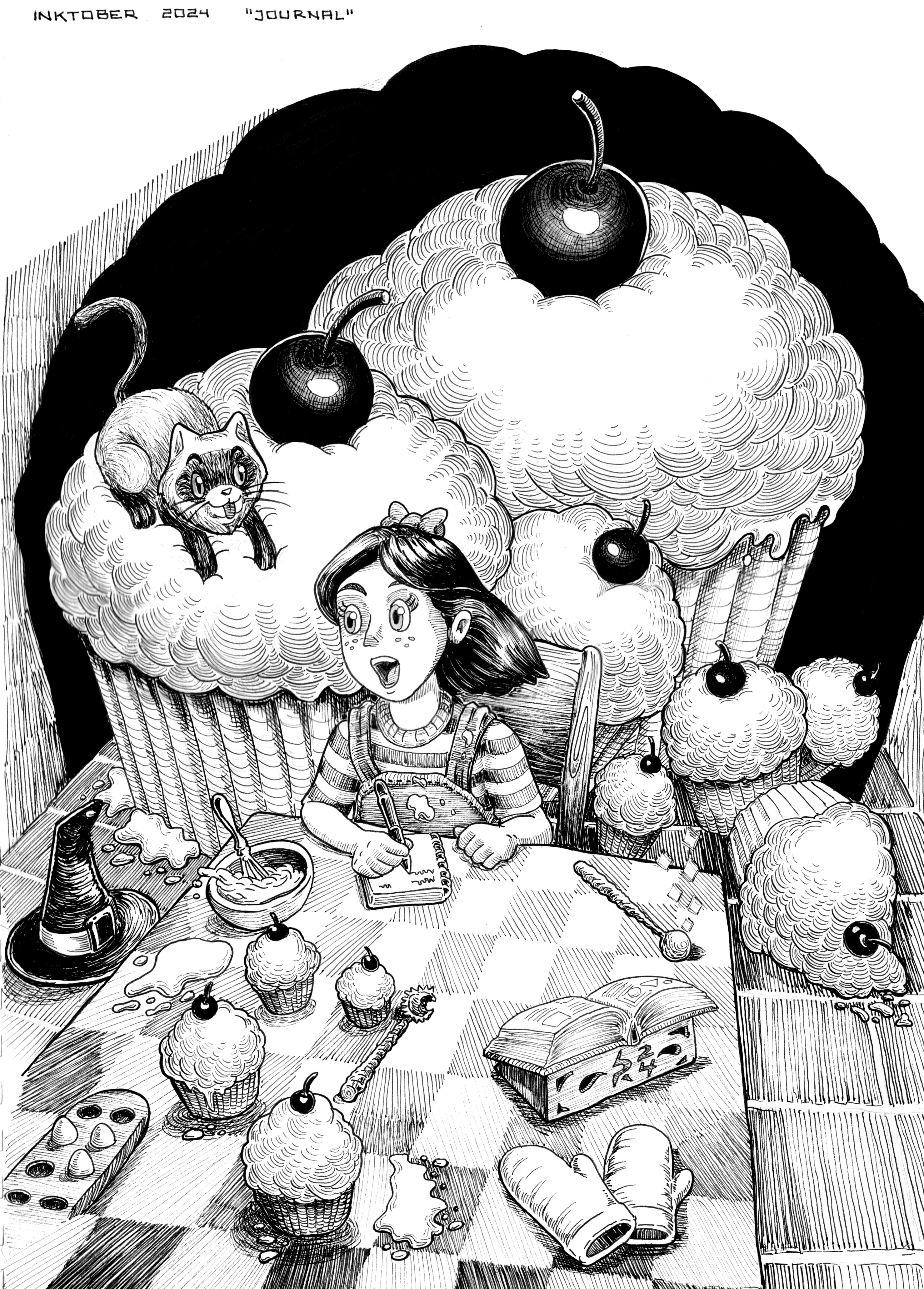 A girl is happy writing in her journal, on a table where cupcakes of all sizes are piled.