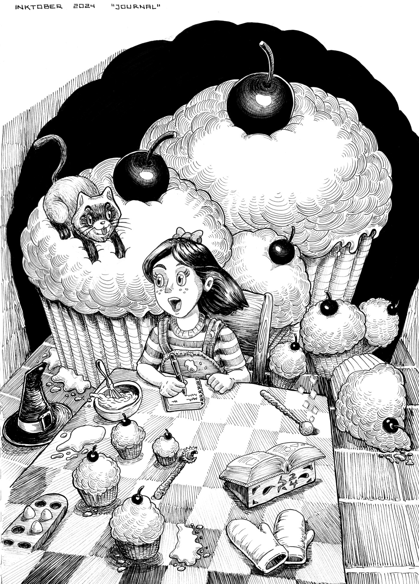 A girl is happy writing in her journal, on a table where cupcakes of all sizes are piled.