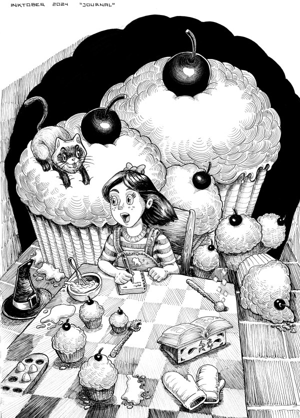 A girl is happy writing in her journal, on a table where cupcakes of all sizes are piled.