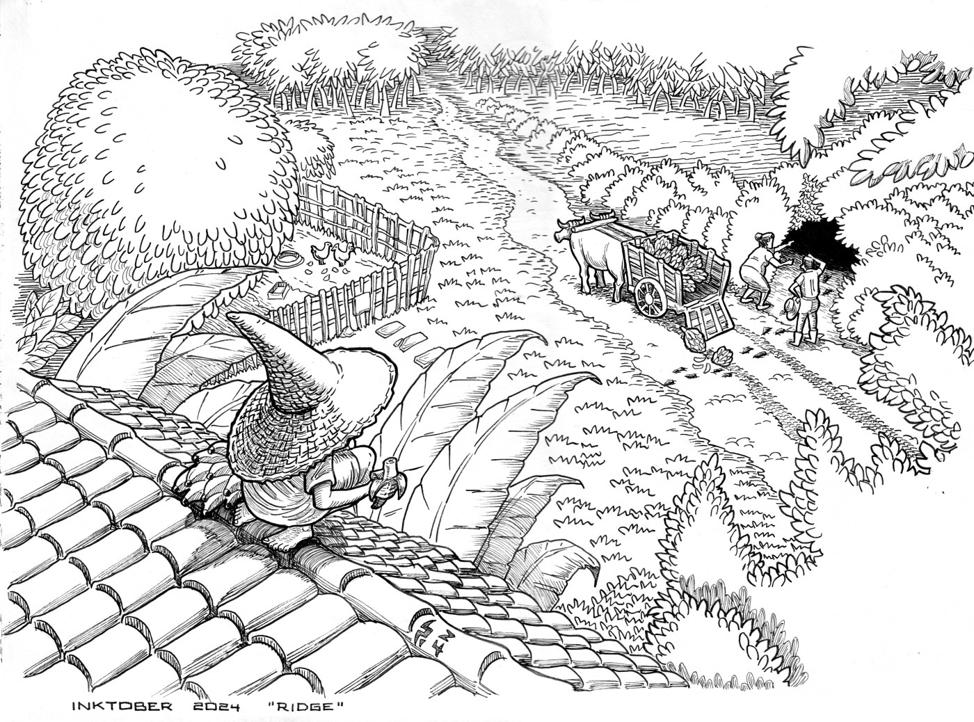 The Cipitio, crouching on top of the ridge of a house in the countryside, after stealing a bunch of bananas from a cart.