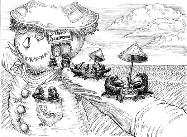 Scarecrows enjoy coffee and grains of corn at a Scarecrow turned cafe, in the middle of a corn field