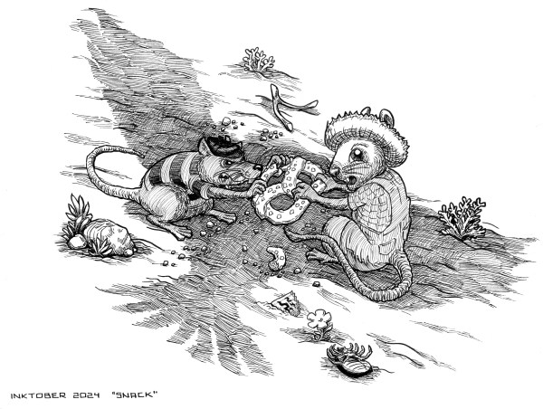 Two dressed up mouses fight over a pretzel on a field under the shadow of a bird of prey hovering them.