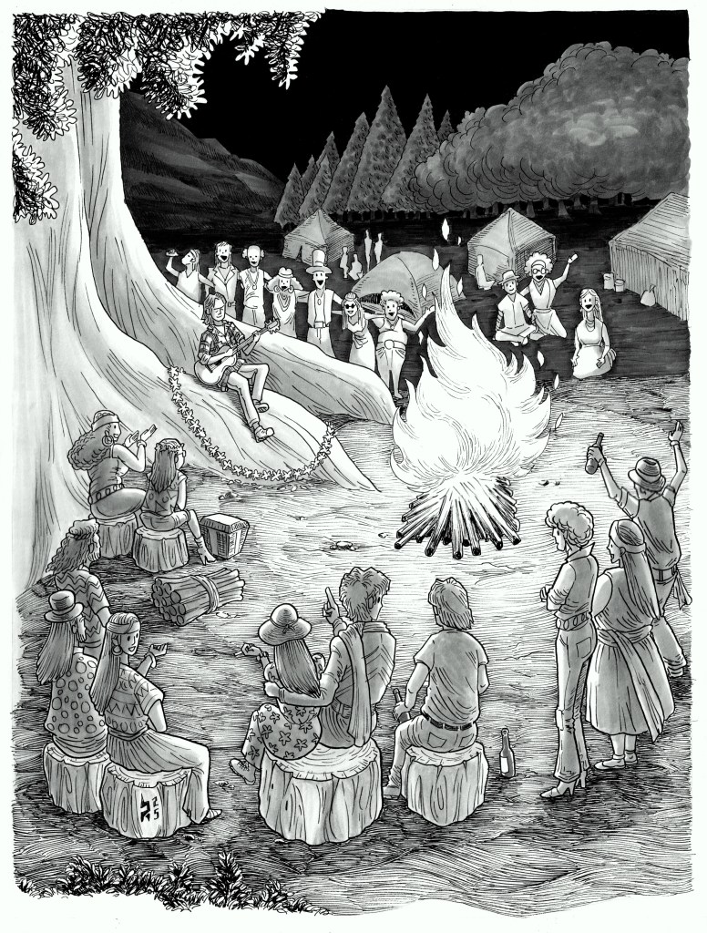 A group of hippie-like people is gathered around a bonfire, where a man plays the guitar.