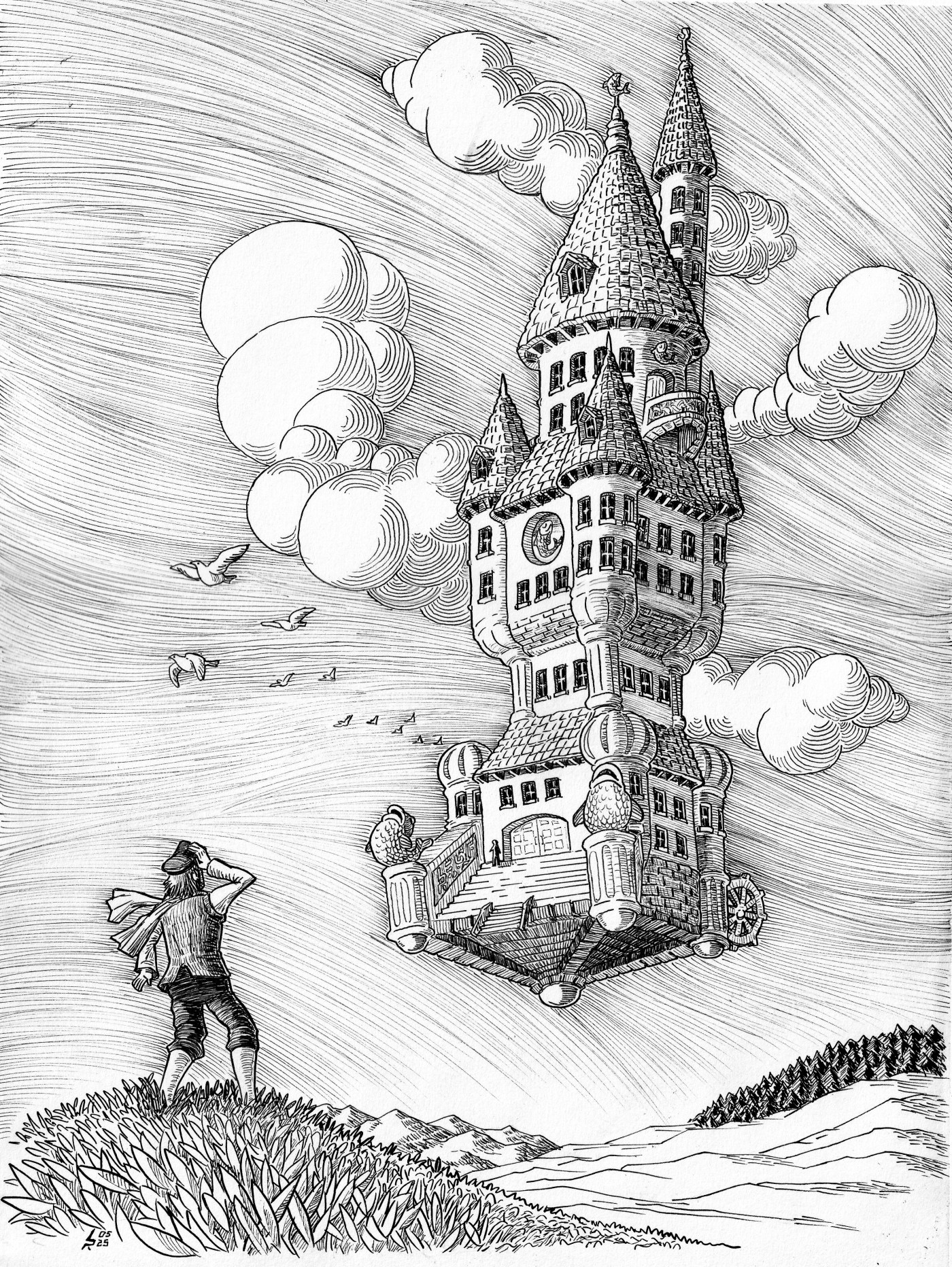 A floating castle while a man looks at it.